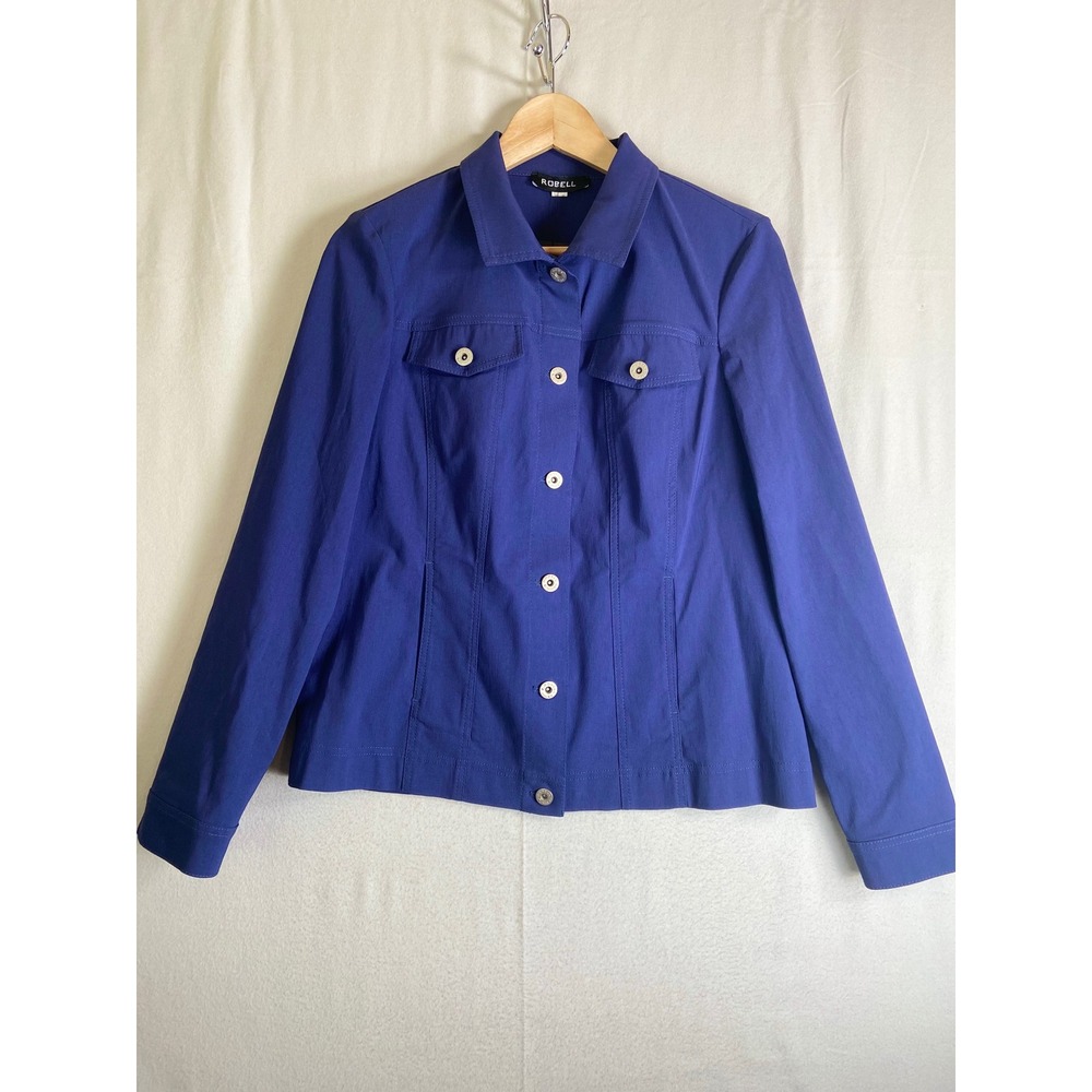 Robell Blue Stretch Button Front Structured Jacket Gold Hardware Sz US 8 NWT